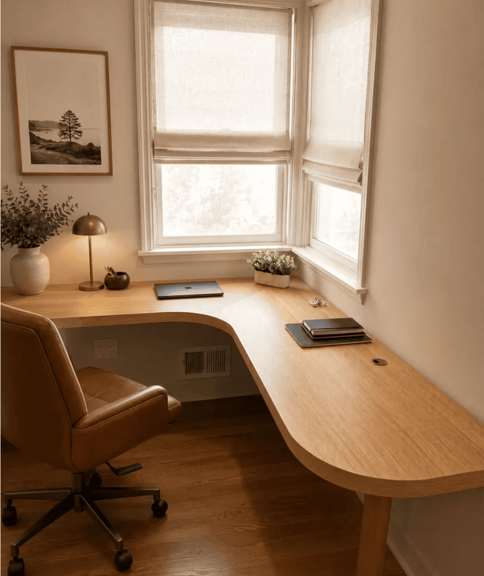 Photo of an L-shaped built-in desk in a home office. The desk has a curved contour and a white oak grain pattern.